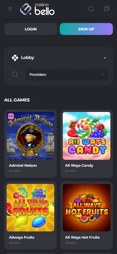 Casino Bello games lobby displayed on a mobile device