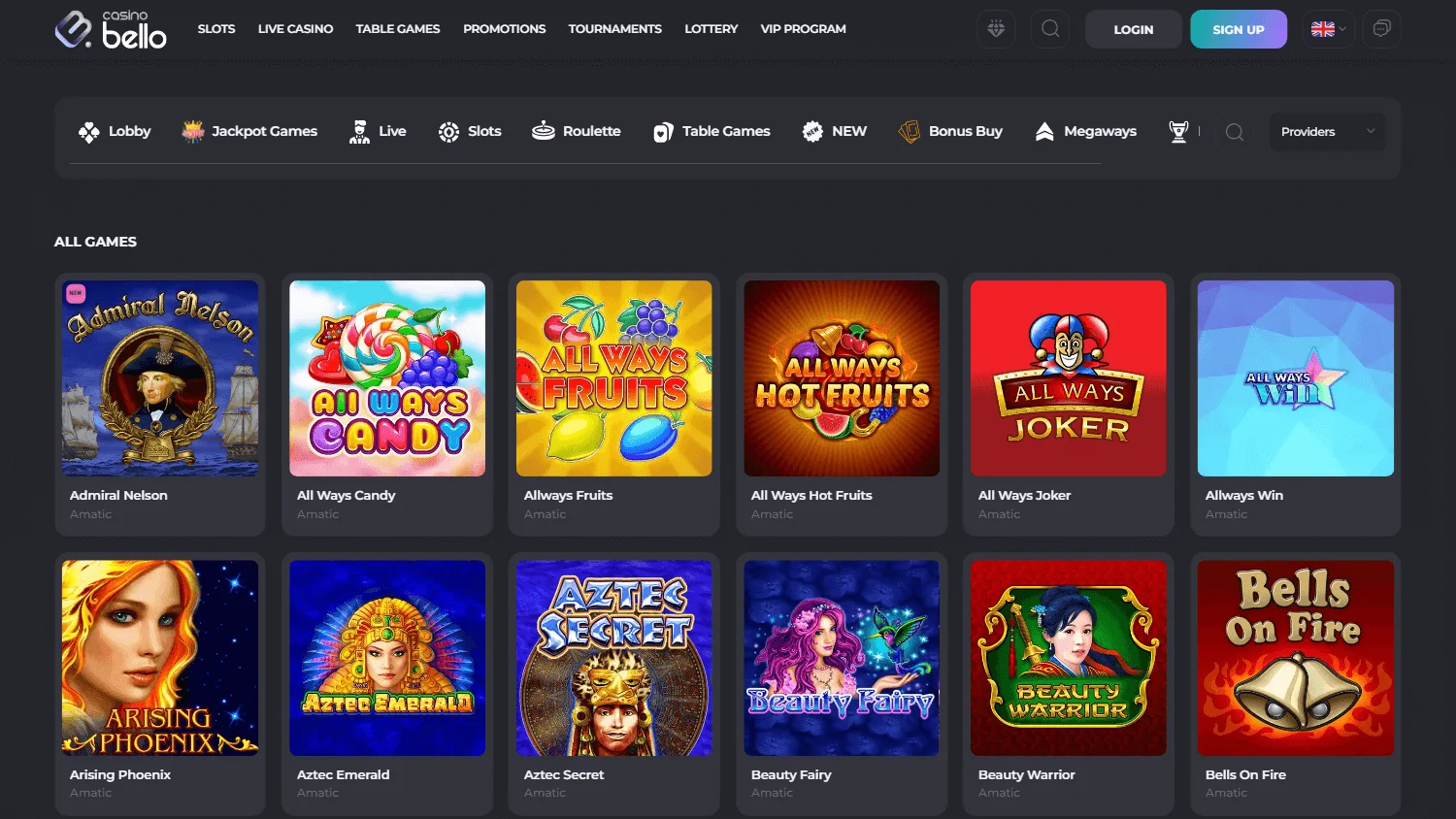 Casino Bello games lobby displayed on a desktop computer