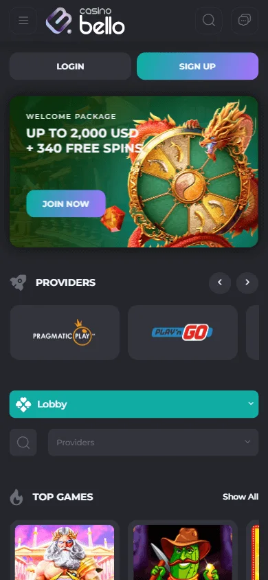Casino Bello home interface on a mobile device