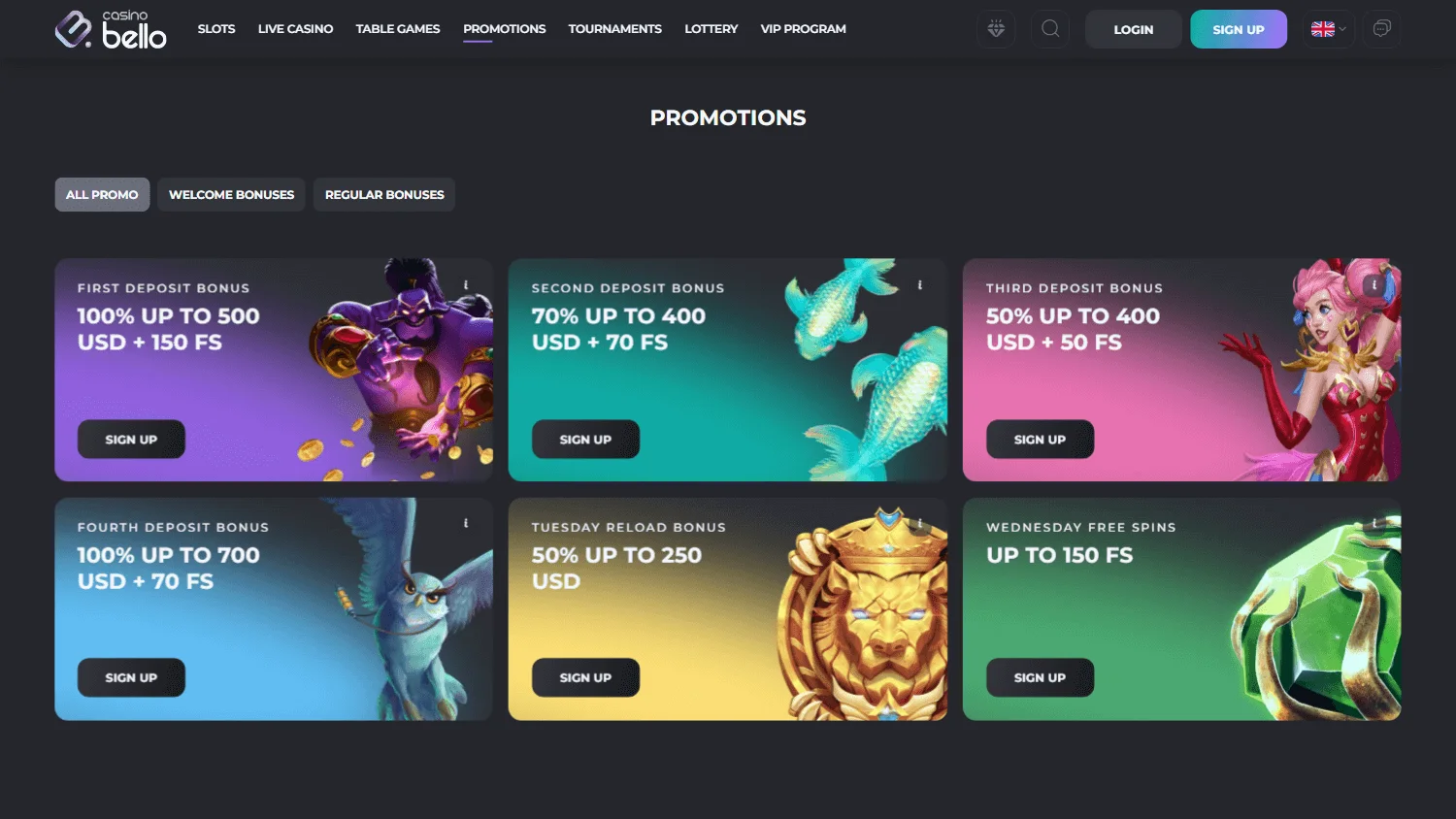 Casino Bello promotions interface on a desktop computer